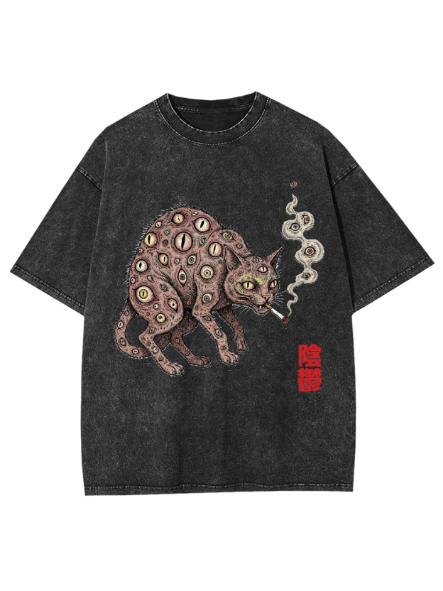 Smoking Cat with Multiple Eyes Washed Tshirt
