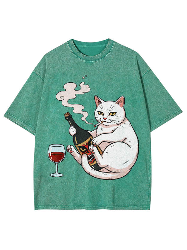 Drinking Rebellious Cat Washed Tshirt