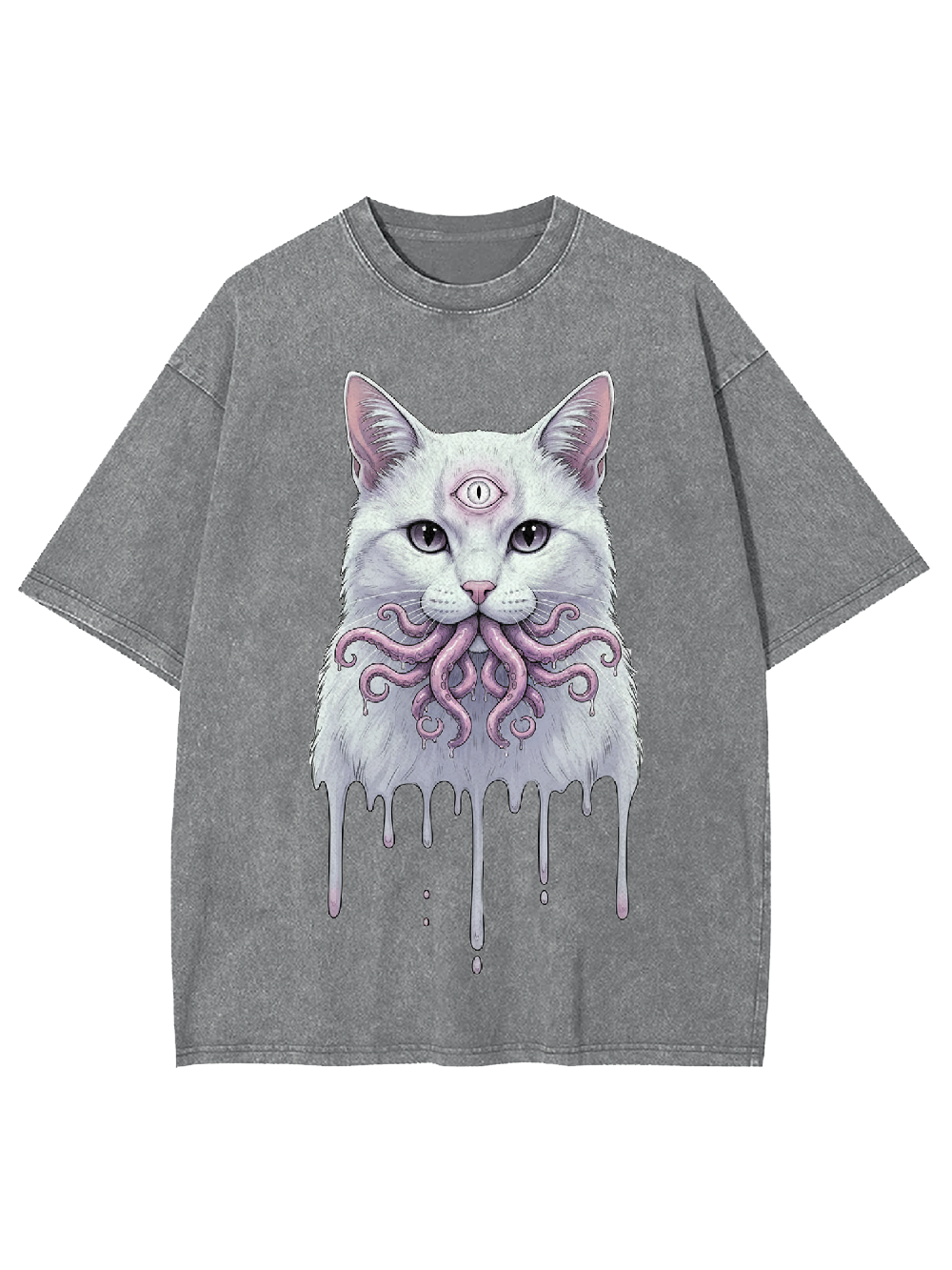 Octopus-Mouthed White Cat Washed Tshirt