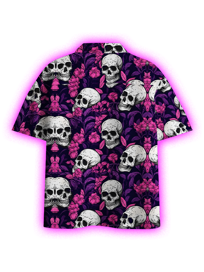 Skulls And Blossoms Button Up Pocket Shirt