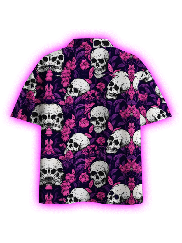 Skulls And Blossoms Button Up Pocket Shirt