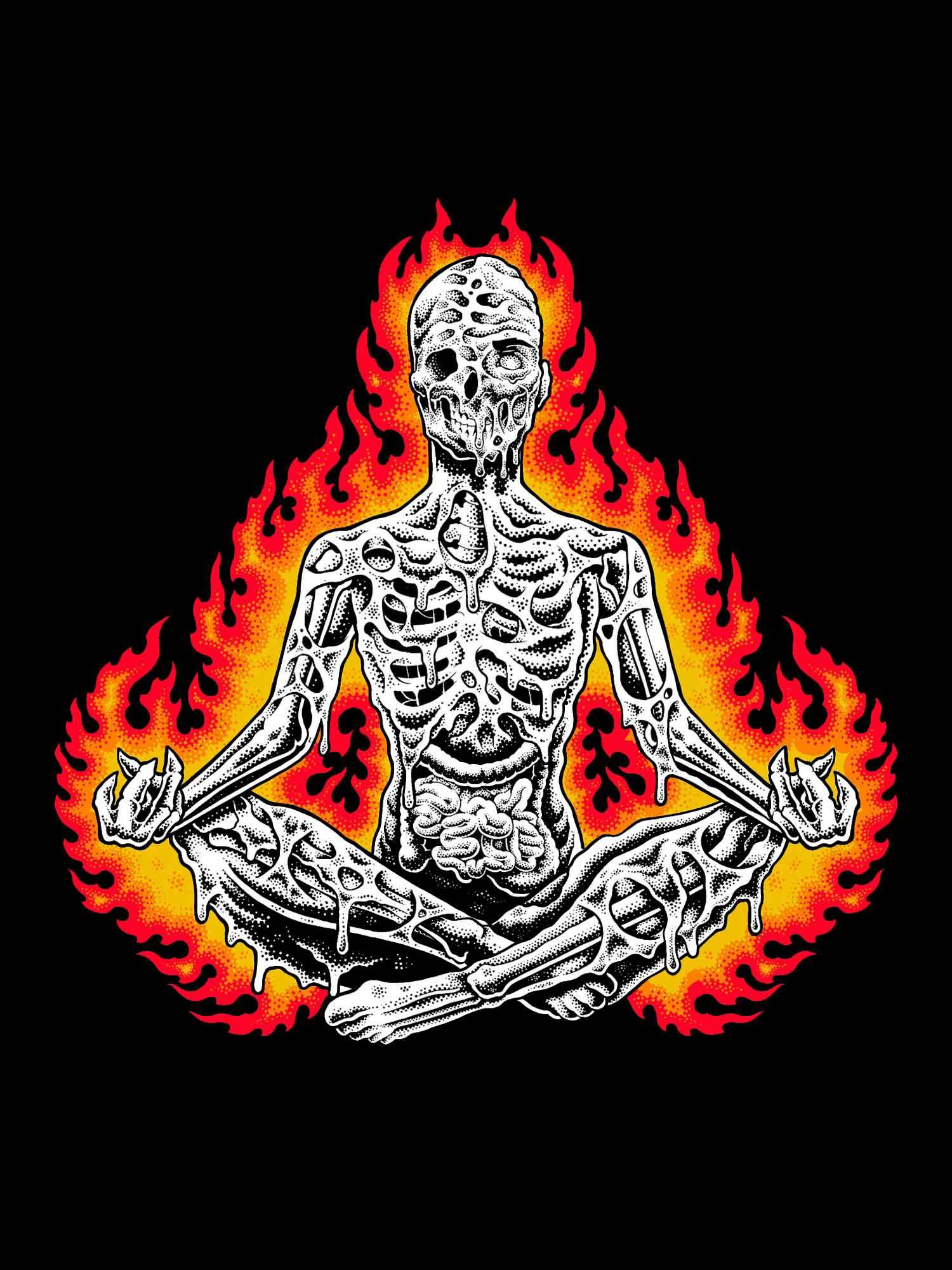 Flaming Skeleton Meditation Washed Tshirt