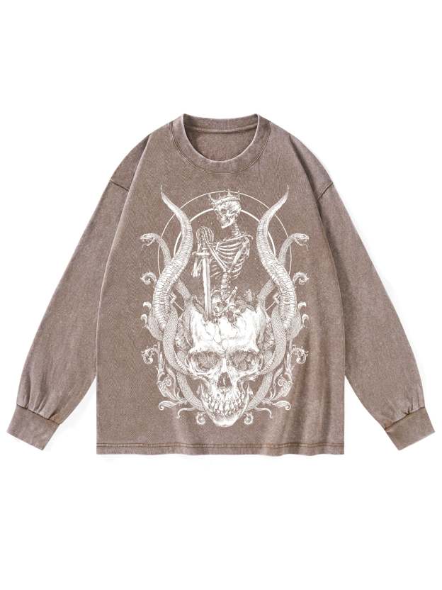 Skeleton King Washed Long-Sleeve Tshirt-ClassyOutlaw