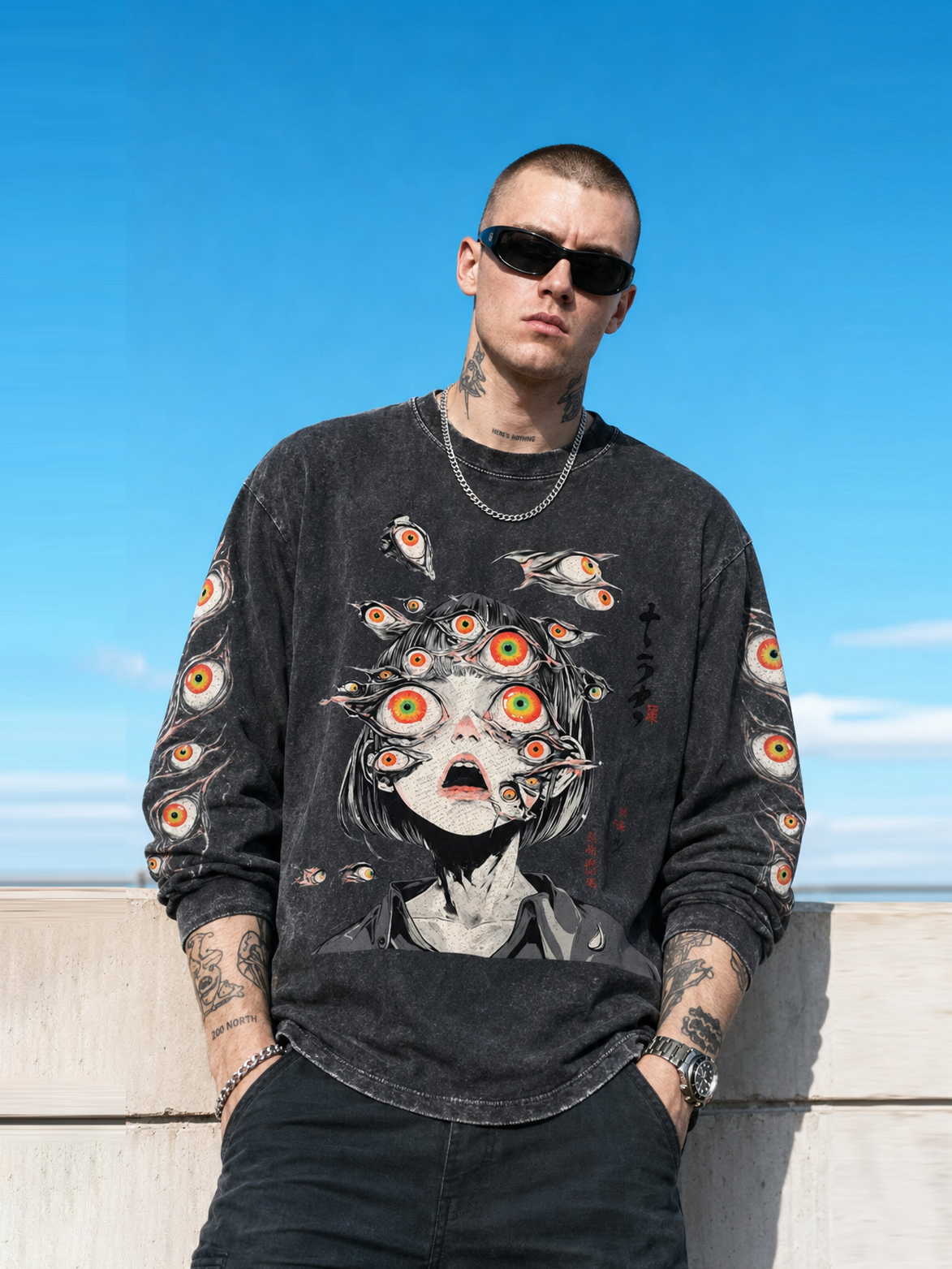 MULTITUDE OF GAZES WASHED LONG-SLEEVE GRAPHIC T-SHIRT