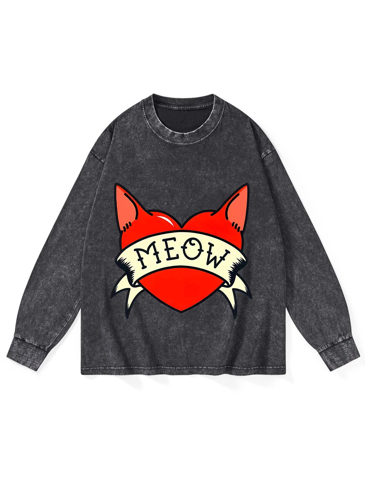 Meow Heart Washed Long-Sleeve Tshirt-ClassyOutlaw Sale