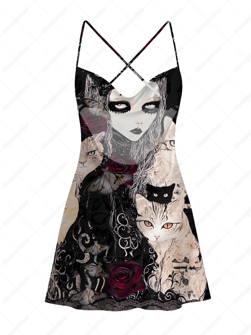 GOTHIC CAT MUSE SATIN CROSS BACK MINI DRESS
