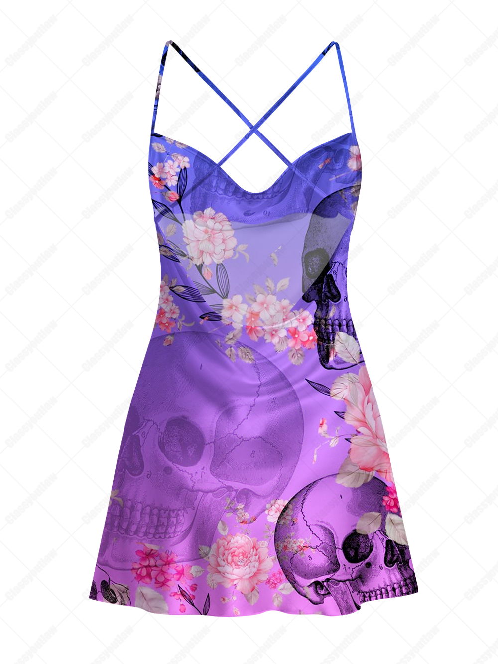 PURPLE FLORAL SKULL SATIN CROSS BACK MINI DRESS