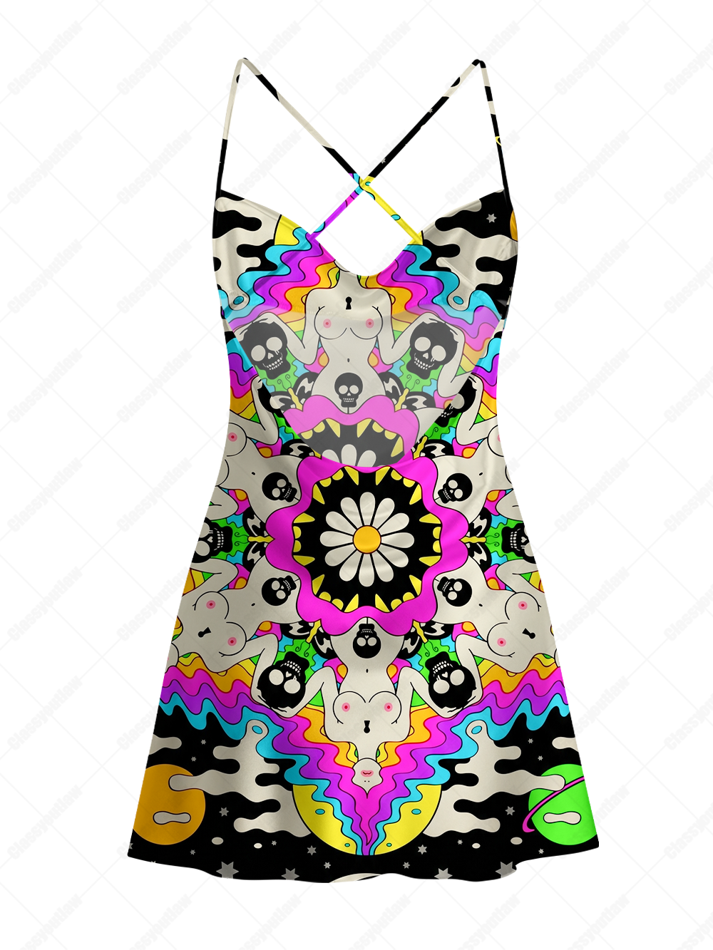 PSYCHEDELIC KALEIDOSCOPE GODDESS SATIN CROSS BACK MINI DRESS