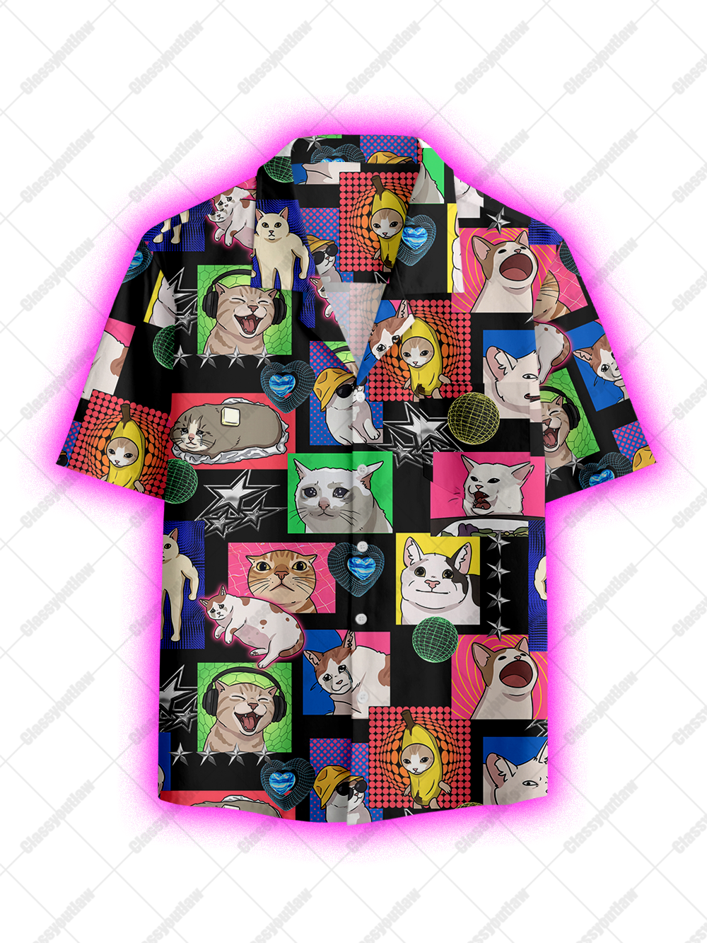 MEME CATS COLLAGE BUTTON UP POCKET SHIRT