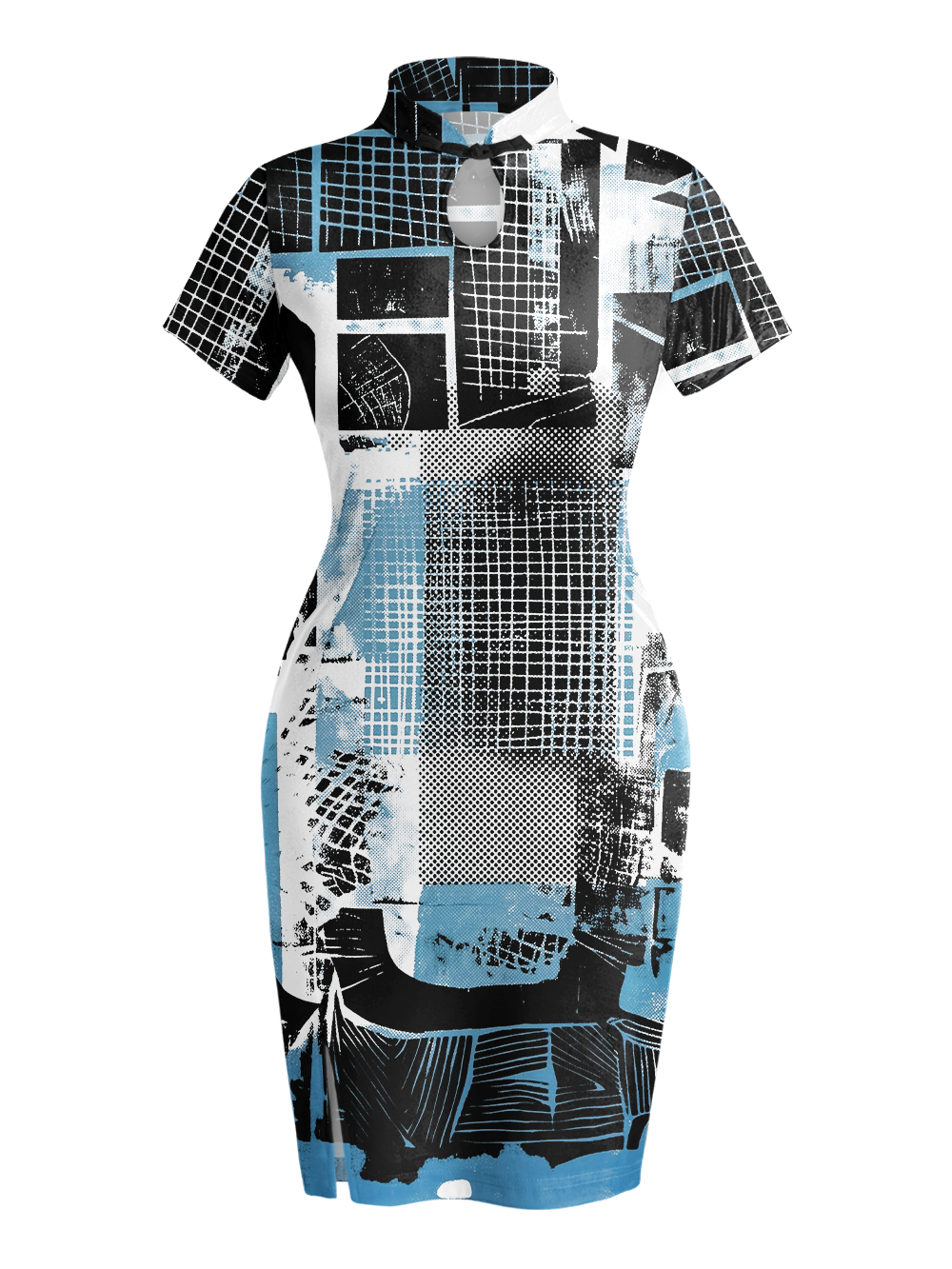 BLUE COLLAGE QIPAO MINI DRESS