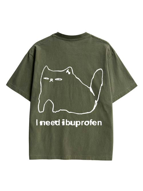 Ibuprofen Cat Double Sided Print Washed TShirt