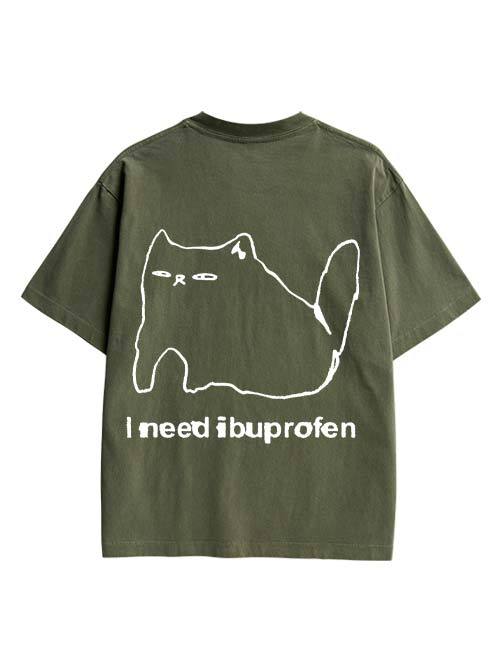 Ibuprofen Cat Double Sided Print Washed TShirt