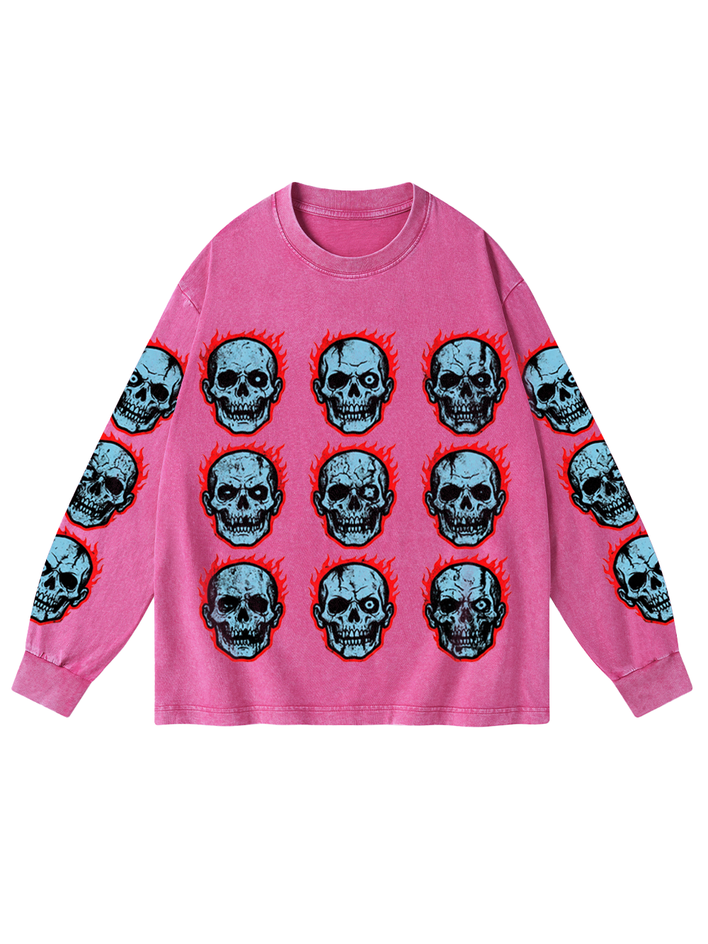 SKULL GRID WASHED LONG-SLEEVE GRAPHIC TSHIRT