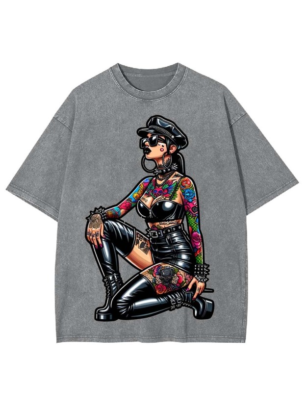 Pinup in Leather and Spikes Washed Tshirt