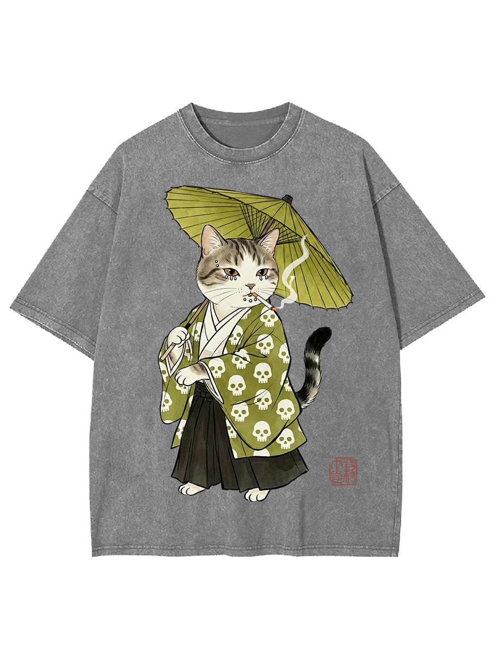 Samurai Cat Ukiyo-e Washed Tshirt