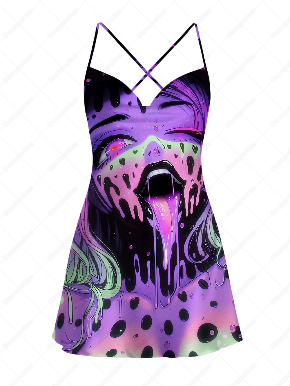 Mind Melt – Trippy Neon Satin Cross Back Mini Dress