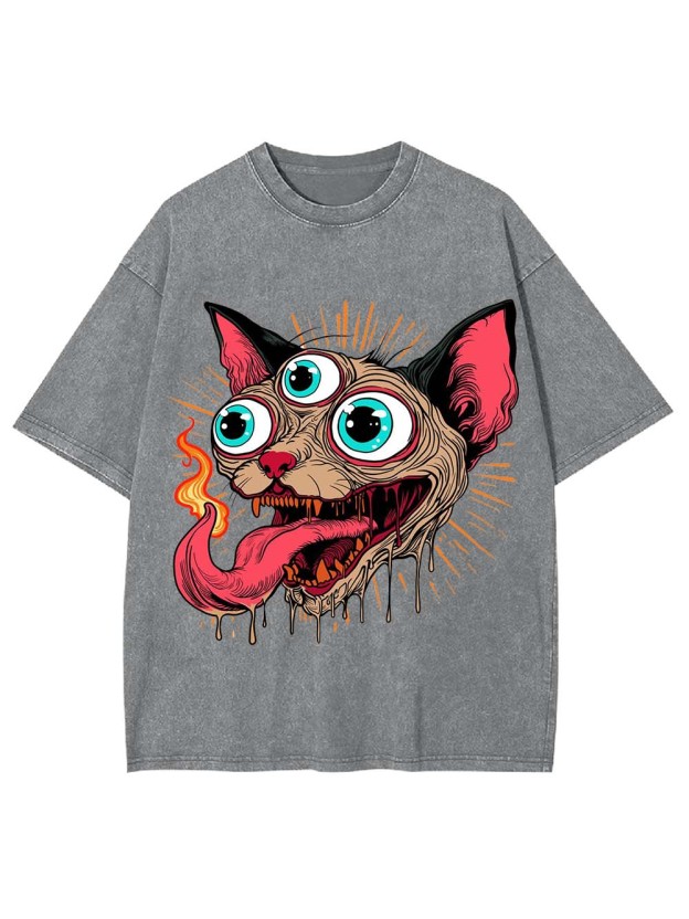 Flaming Three-Eyed Cat Washed Tshirt