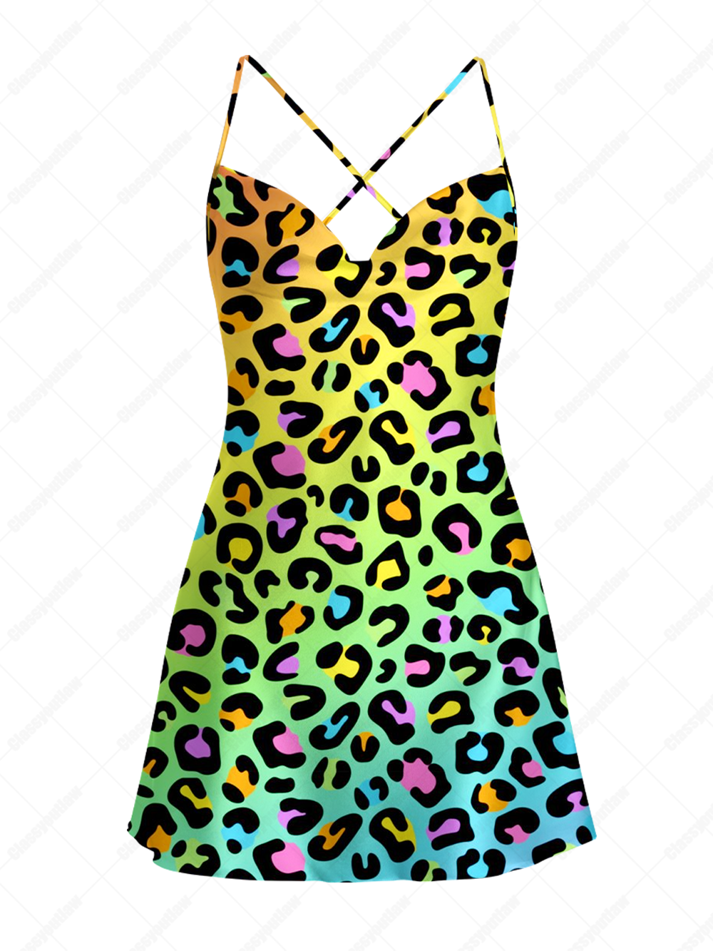 GLOWING LEOPARD FESTIVAL SATIN CROSS BACK MINI DRESS