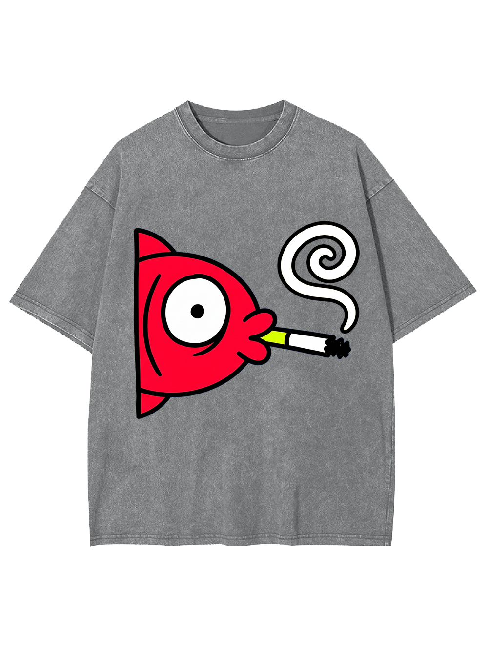 CARTOON RED FISH SMOKING CIGARETTE WASHED TSHIRT