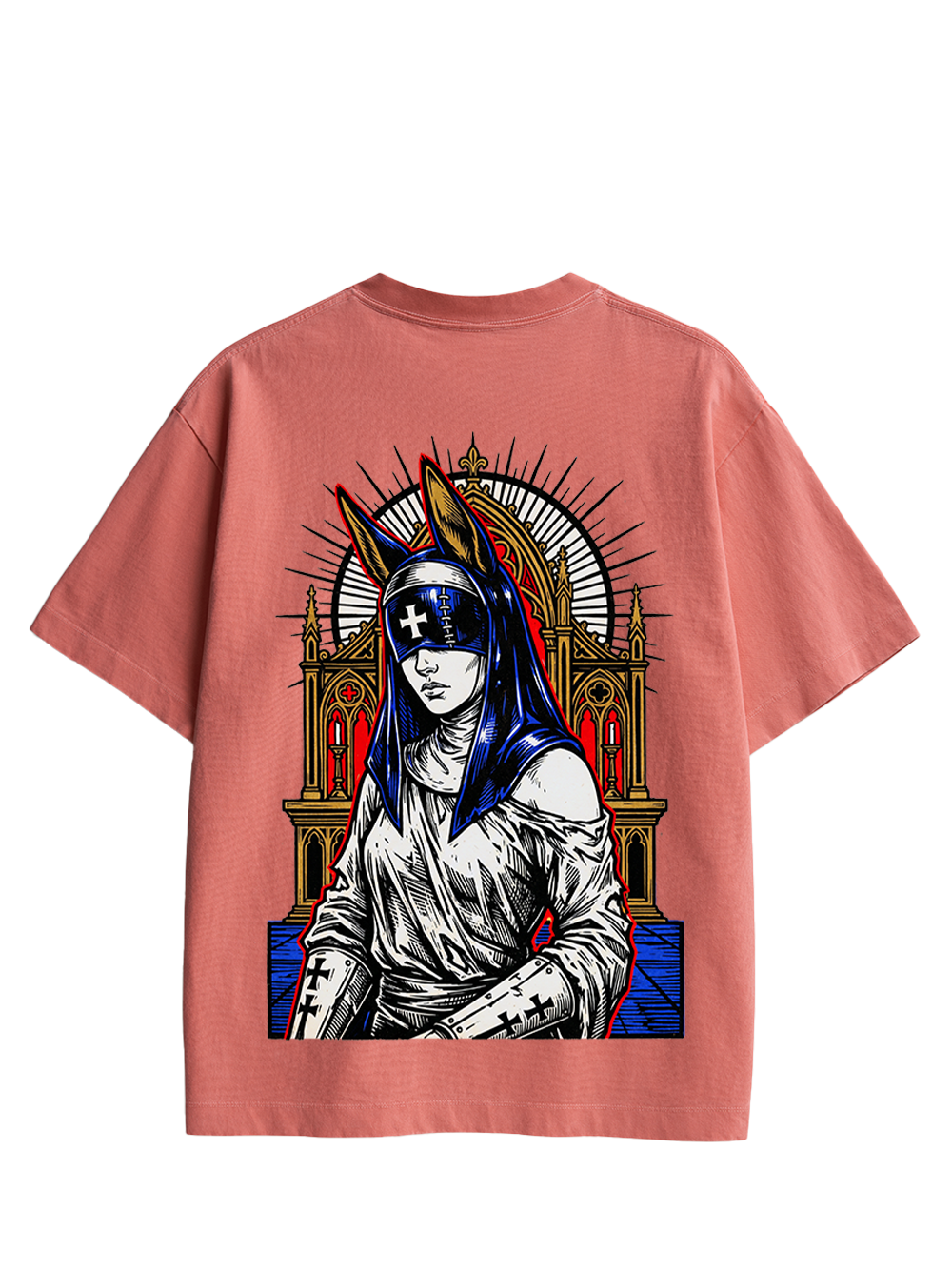 GOTHIC NUN WITH BUNNY EARS CHURCH DOUBLE SIDED PRINT WASHED TSHIRT