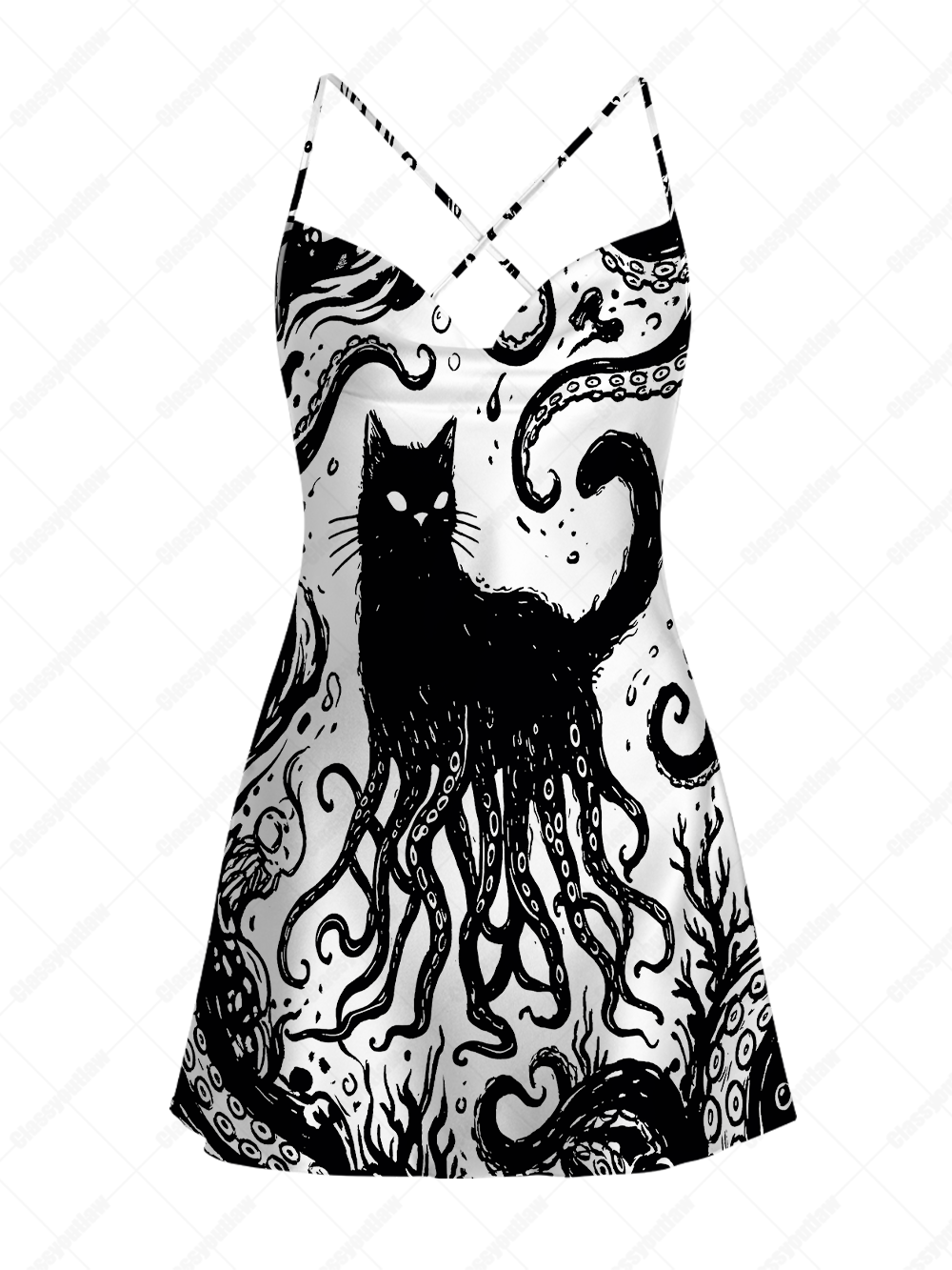 OCTOPUS TENTACLE CAT SATIN CROSS BACK MINI DRESS