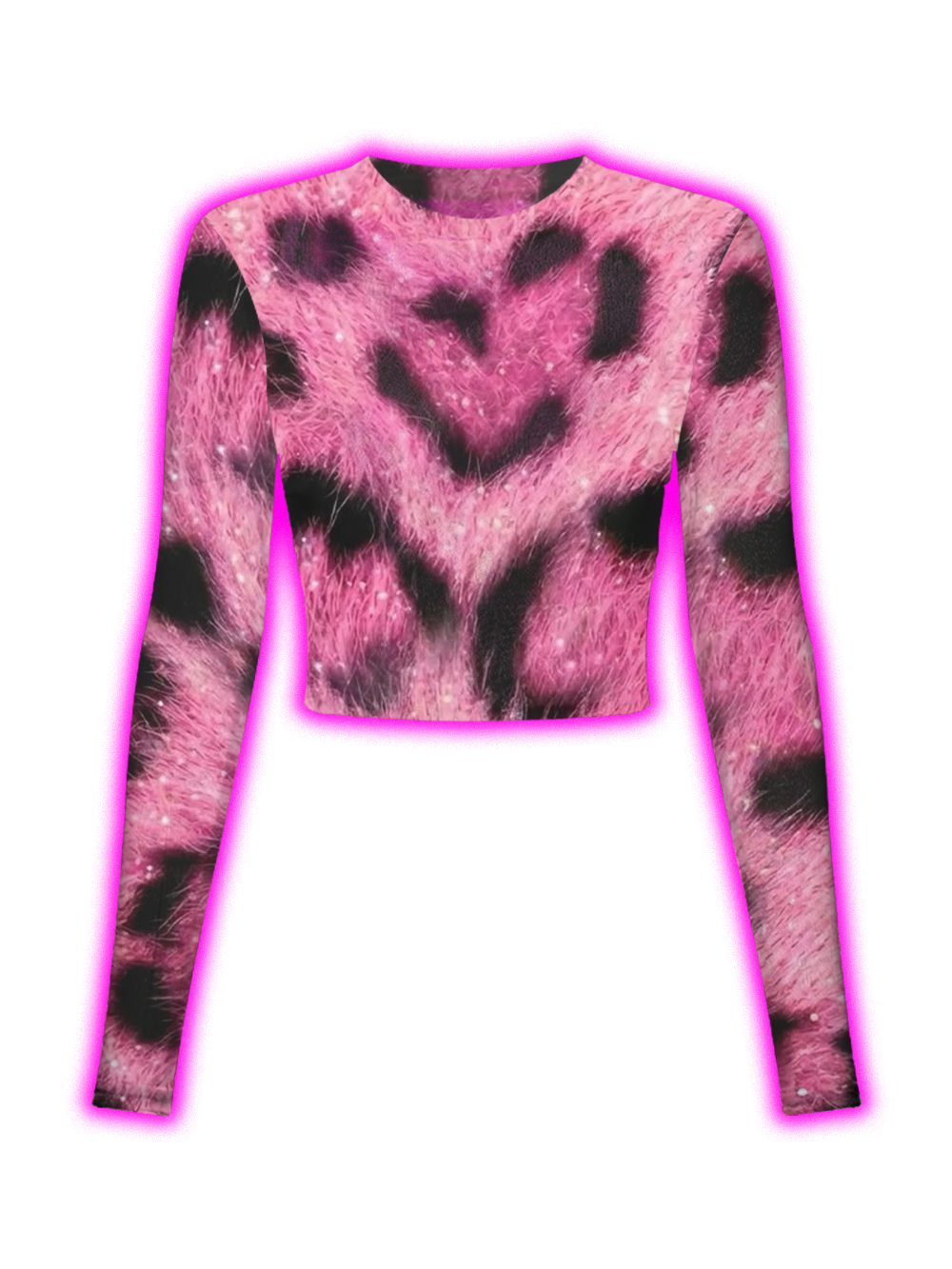PINK FAUX FUR LEOPARD PRINT LONG SLEEVE CROP MESH TOP