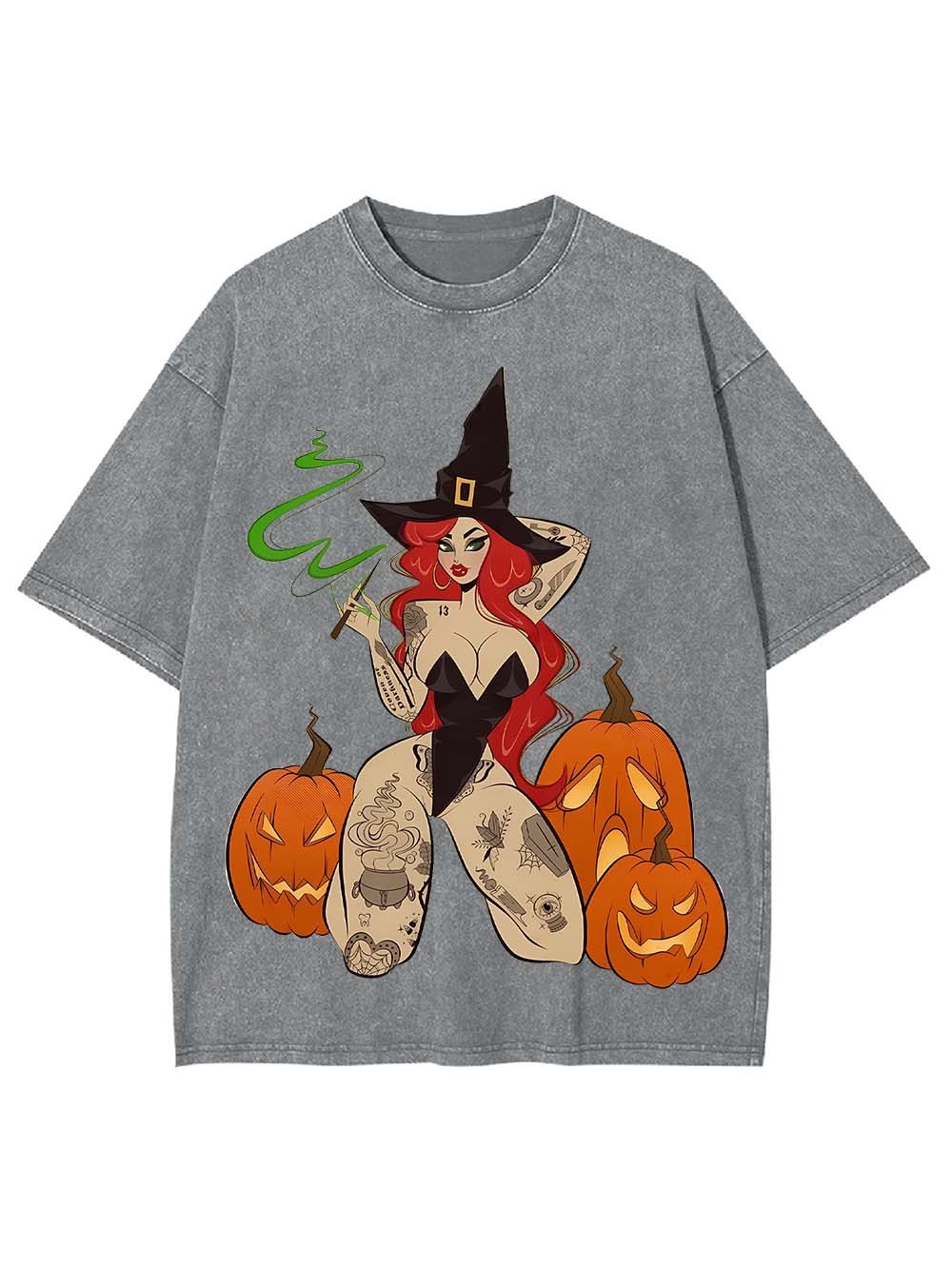 Tattooed Witch and Pumpkins Washed Tshirt