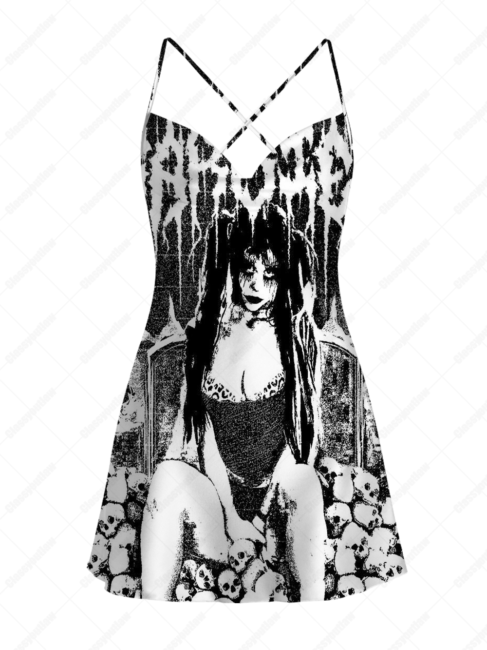 GOTHIC SKULL THRONE PINUP SATIN CROSS BACK MINI DRESS