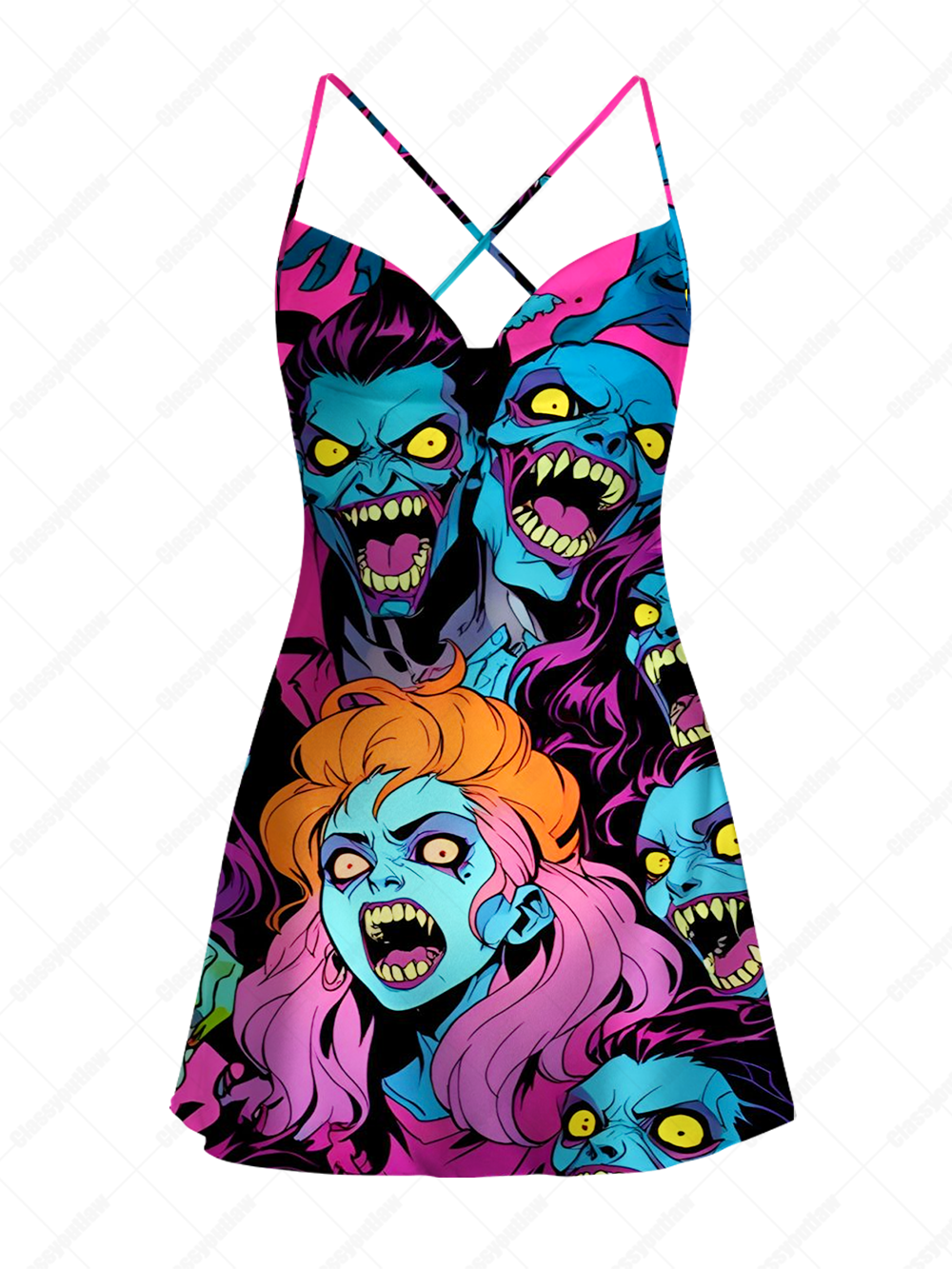 NEON ZOMBIE SCREAM SATIN CROSS BACK MINI DRESS