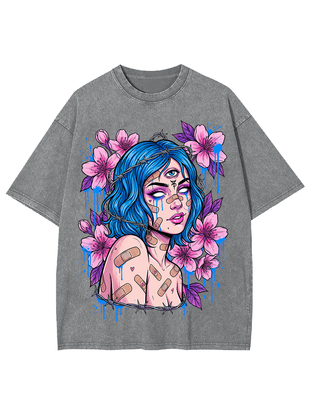 BLUE HAIRED BLOSSOM GIRL WASHED TSHIRT