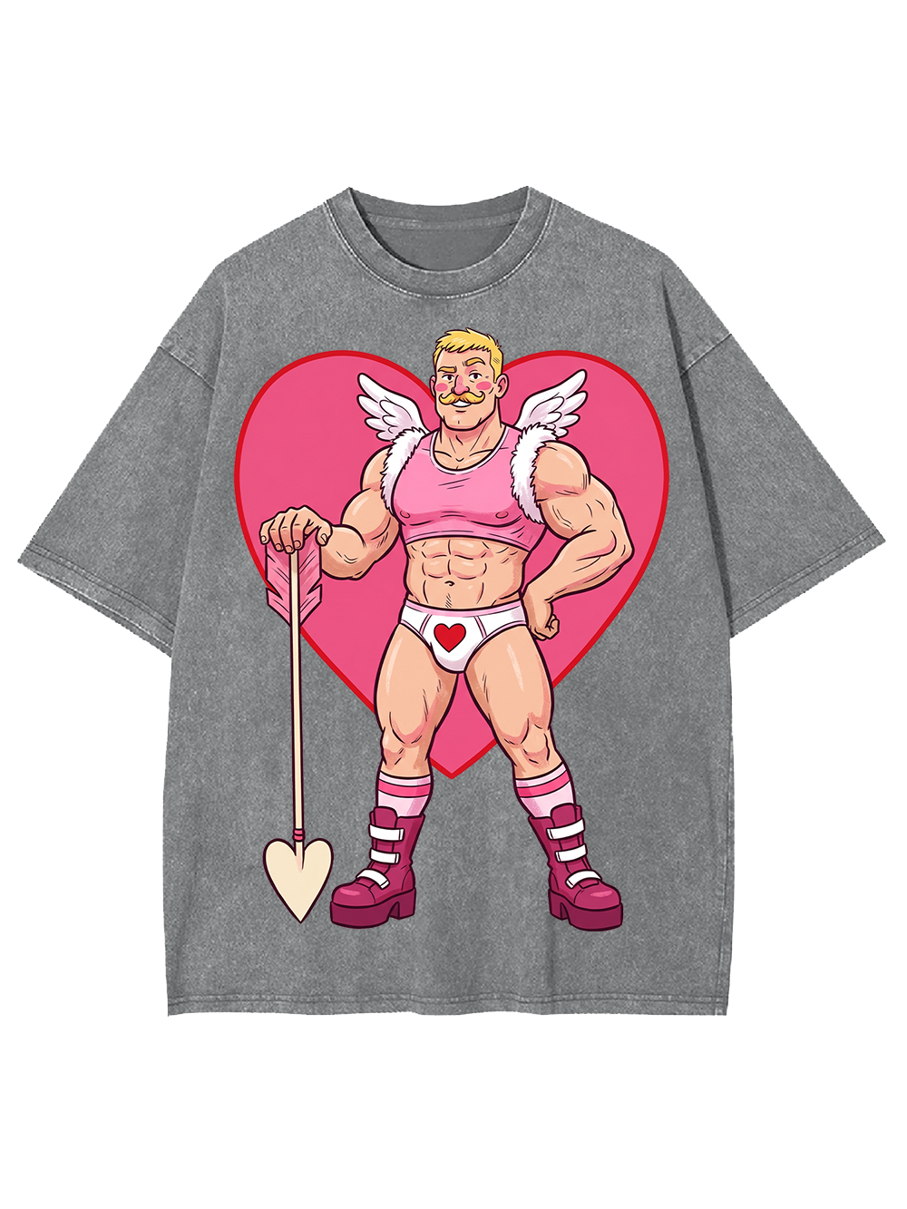 MUSCULAR CUPID IN PINK HEART OUTFIT WASHED TSHIRT