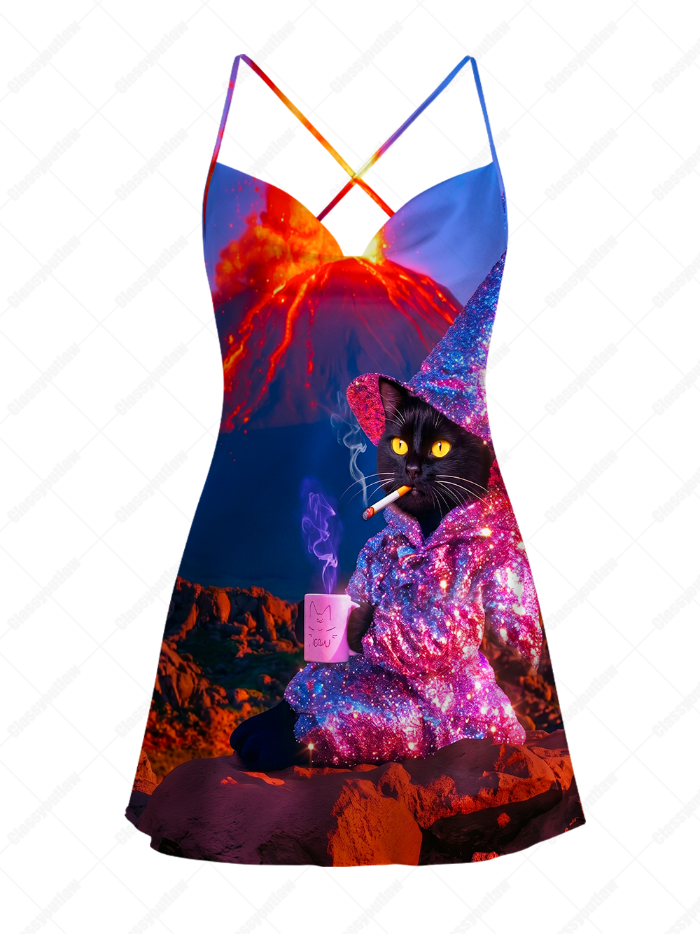 COSMIC WIZARD CAT SATIN CROSS BACK MINI DRESS
