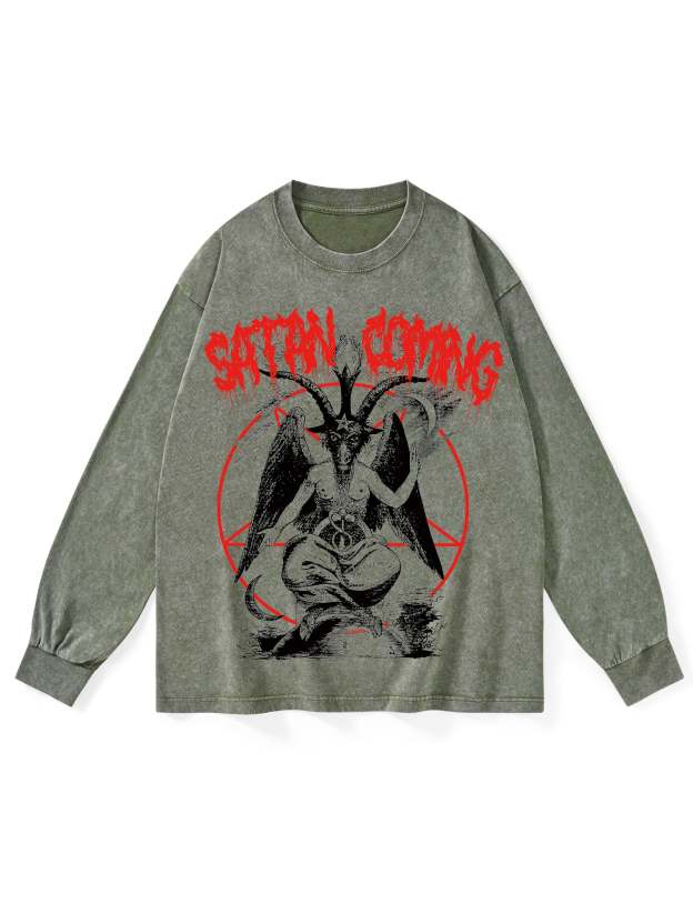 Satan Coming Washed Long-Sleeve Tshirt-ClassyOutlaw