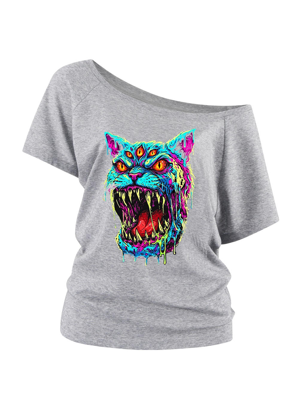 NEON DEMON CAT OFF SHOULDER TSHIRT