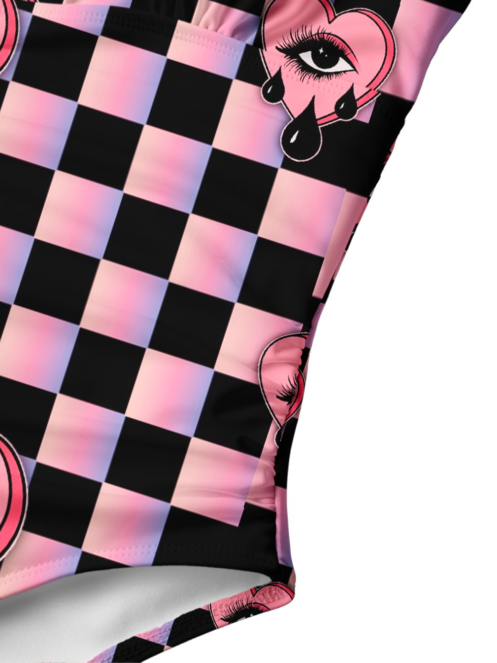 PINK CHECKERED CRYING HEART V-NECK ONE PIECE SWIMSUIT
