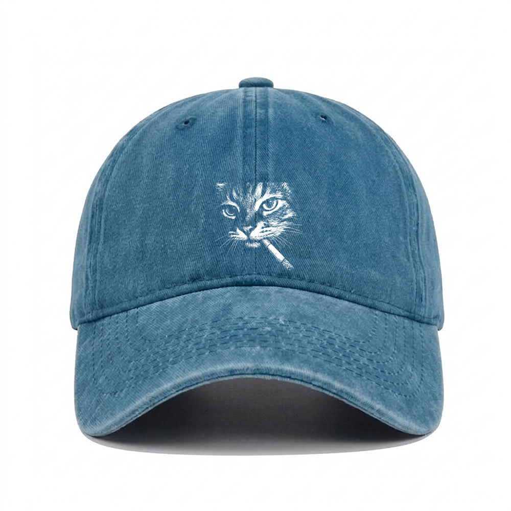 CAT WITH CIGARETTE WASHED VINTAGE BASEBALL CAP