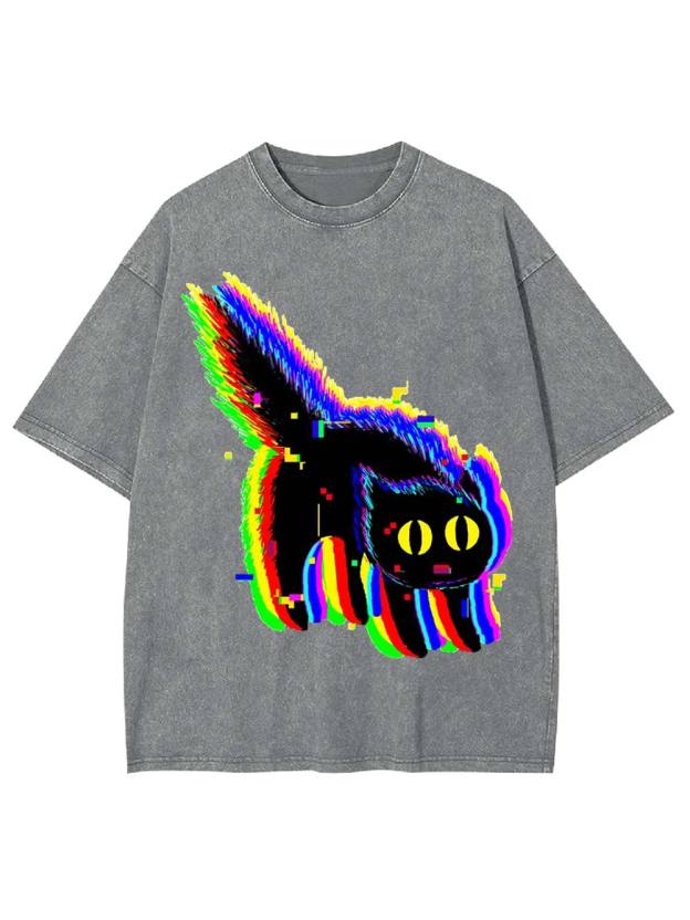 Glitchy Neon Cat Washed Tshirt