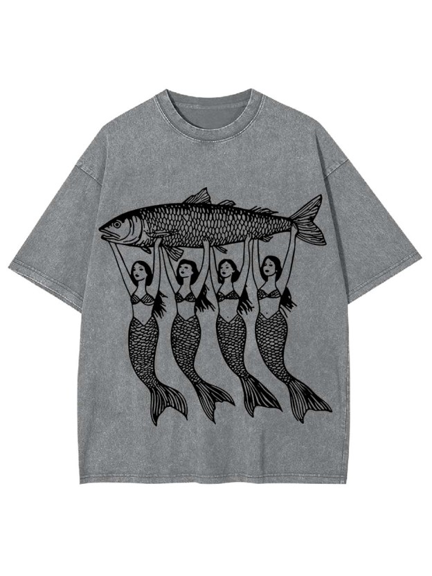 Mermaids Lifting a Fish Washed Tshirt