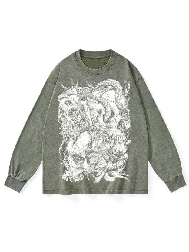 Skulls Washed Long-Sleeve Tshirt-ClassyOutlaw