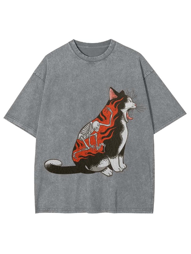 Flaming Skeleton Cat Washed Tshirt