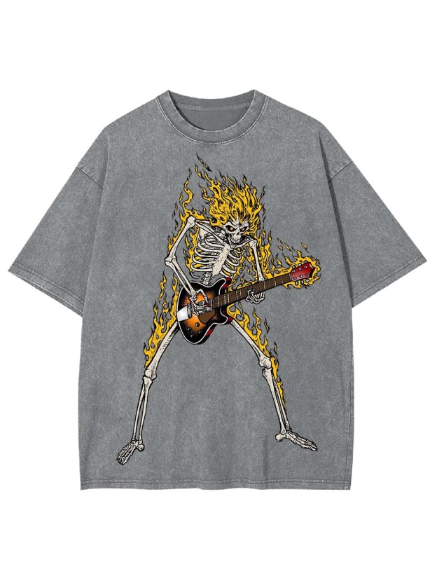 Flaming Skeleton Guitarist Washed Tshirt