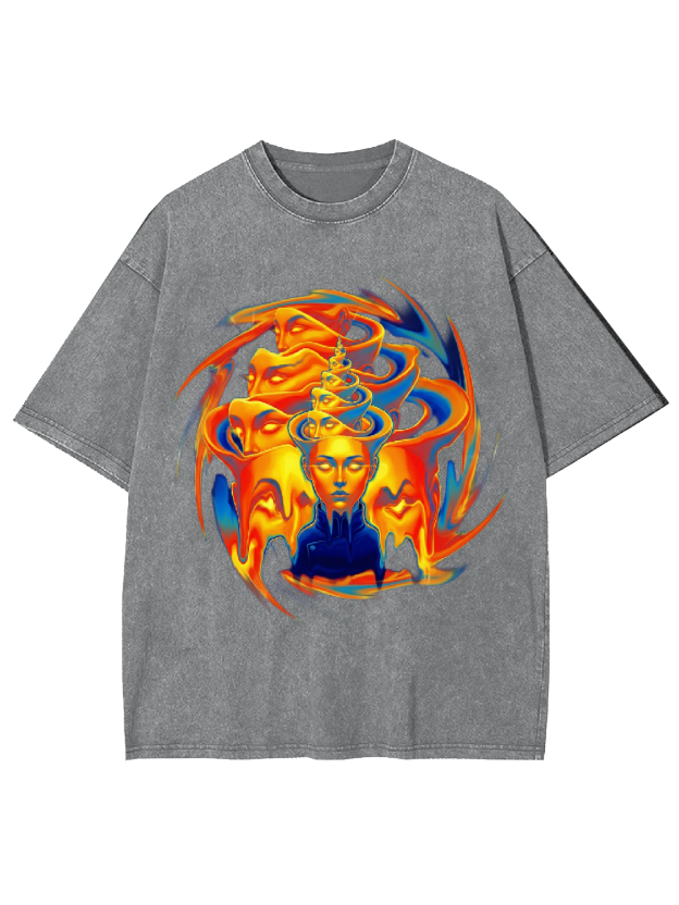 Flaming Meditation Print T-Shirt Washed Tshirt