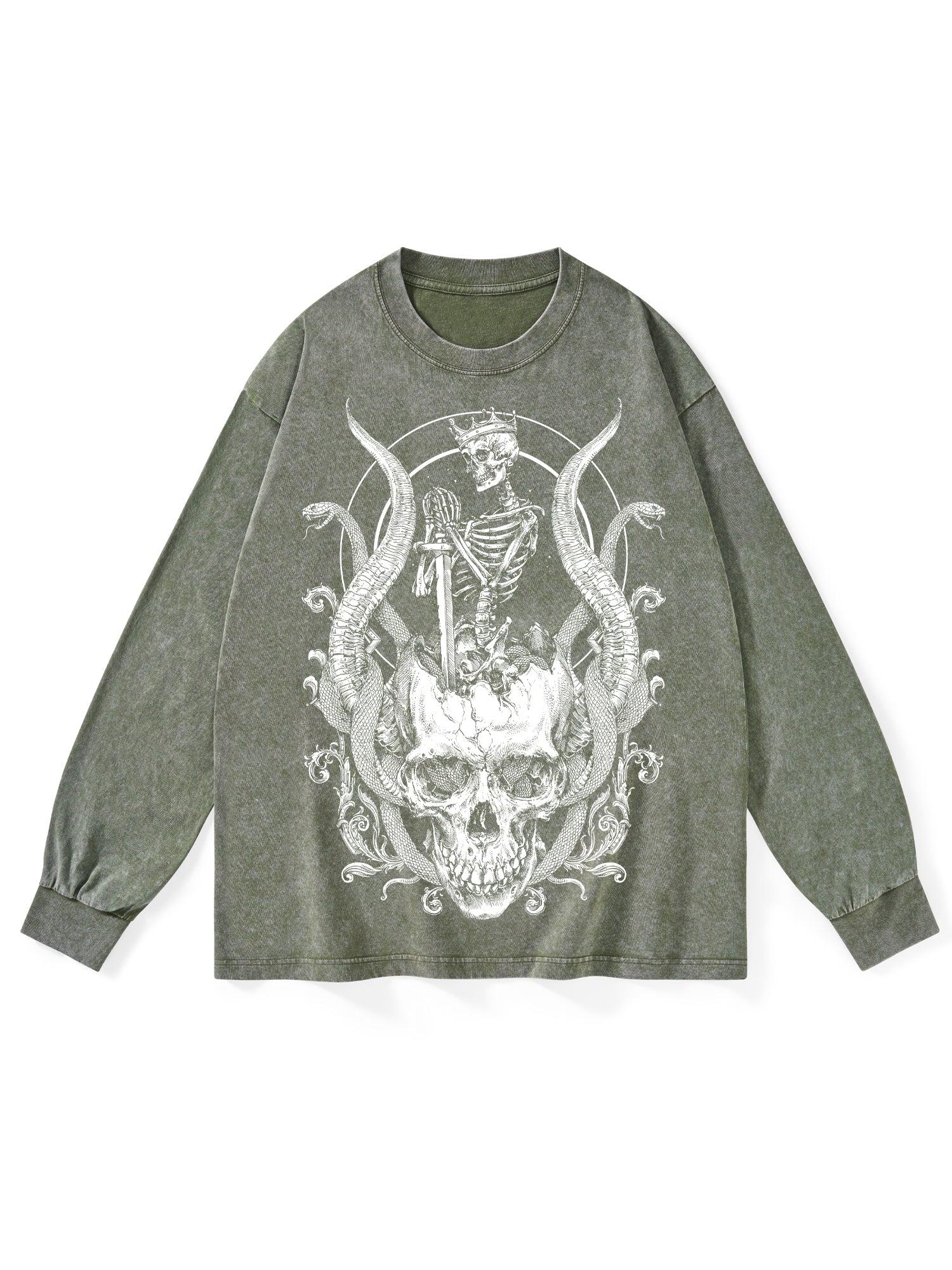 Skeleton King Washed Long-Sleeve Tshirt-ClassyOutlaw