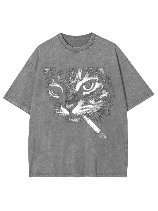 Cat With Cigarette Washed Tshirt