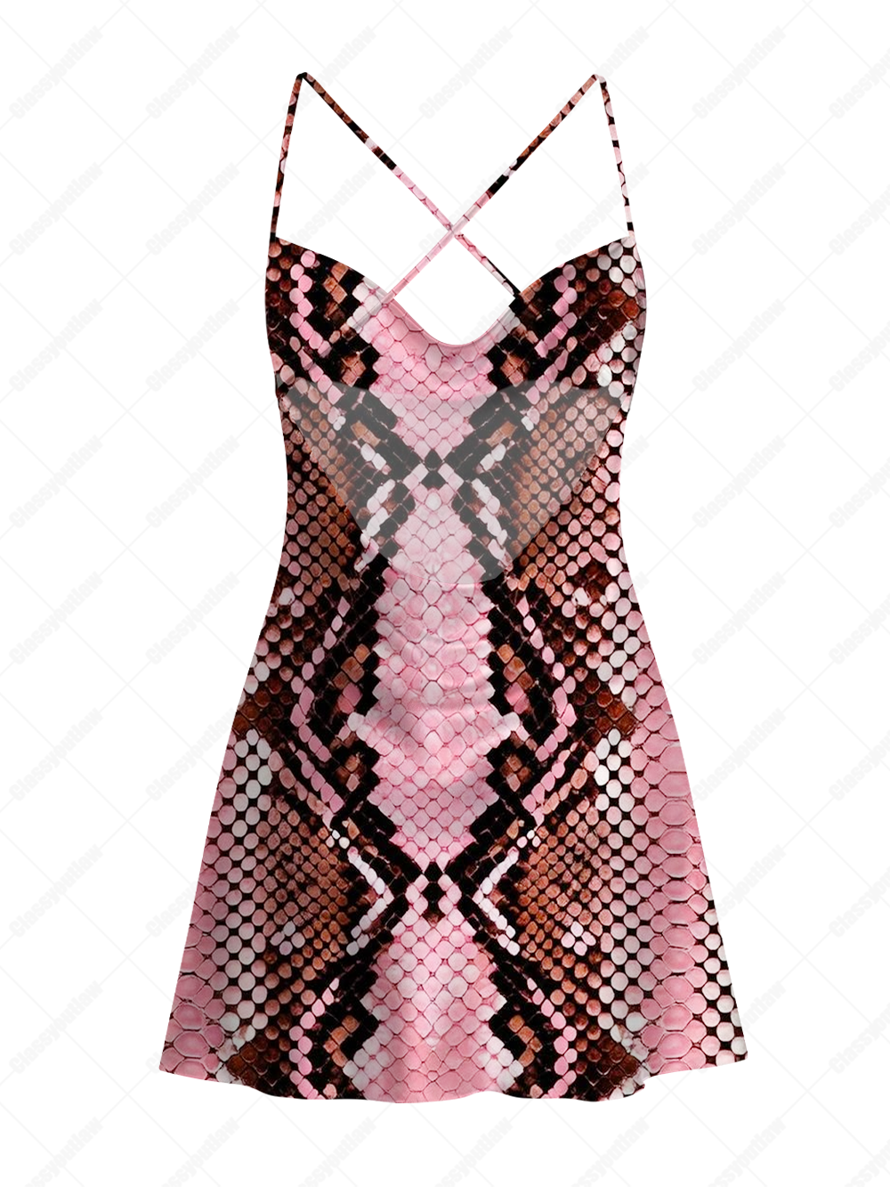 PINK SNAKE PRINT SATIN CROSS BACK MINI DRESS