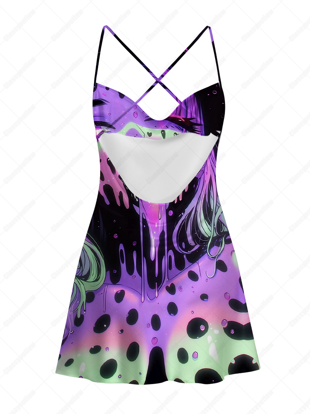 Mind Melt – Trippy Neon Satin Cross Back Mini Dress