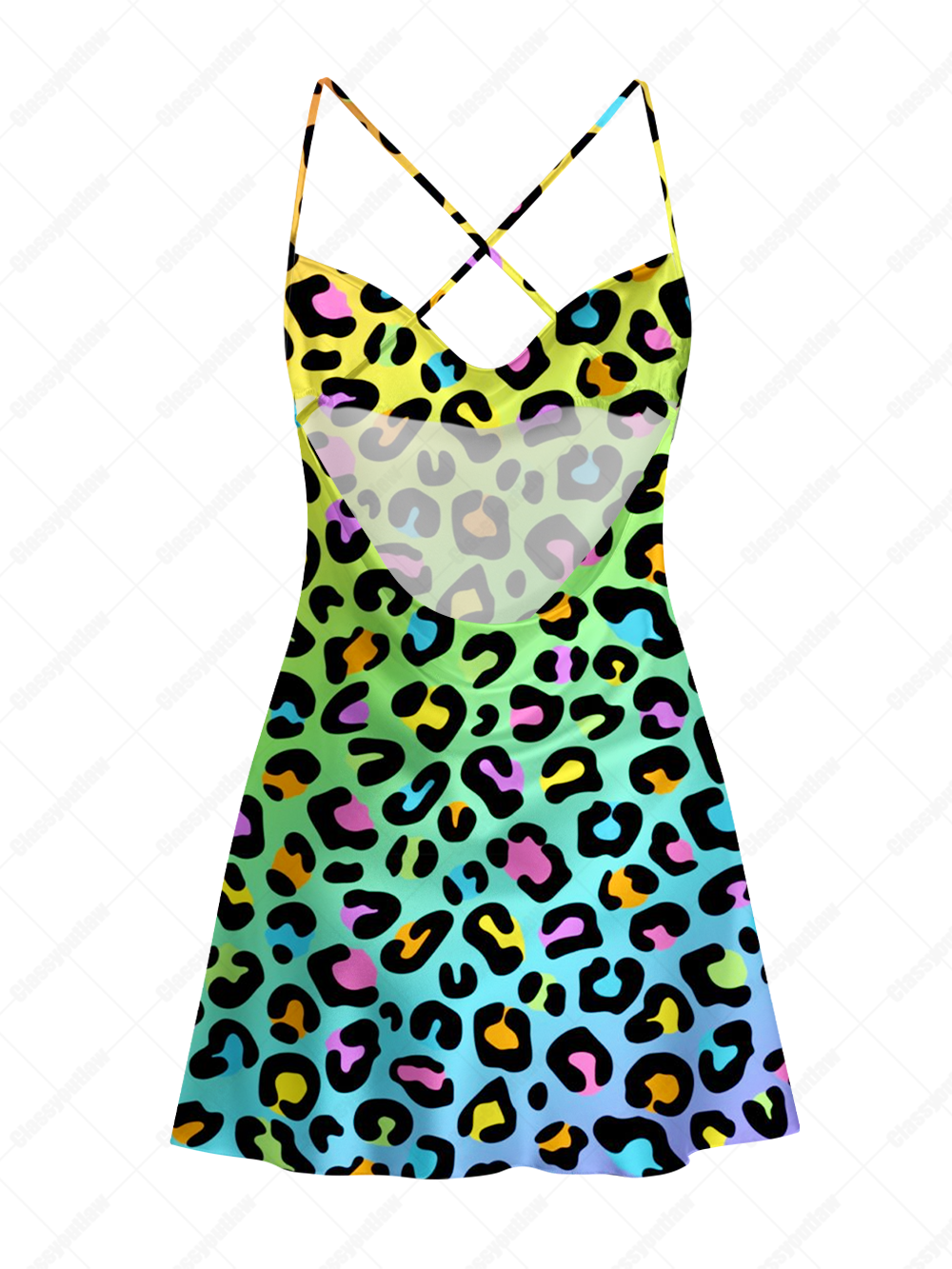 GLOWING LEOPARD FESTIVAL SATIN CROSS BACK MINI DRESS
