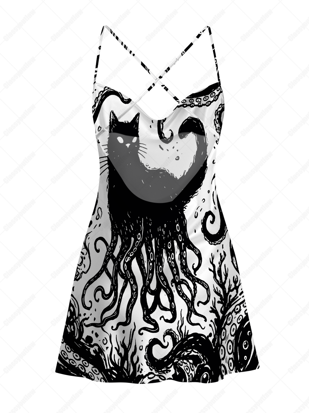 OCTOPUS TENTACLE CAT SATIN CROSS BACK MINI DRESS