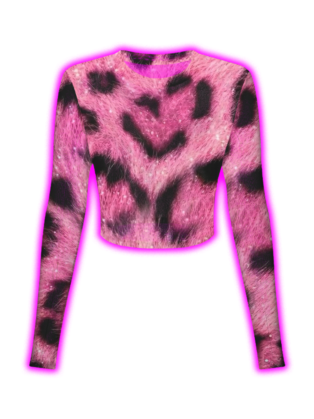 PINK FAUX FUR LEOPARD PRINT LONG SLEEVE CROP MESH TOP