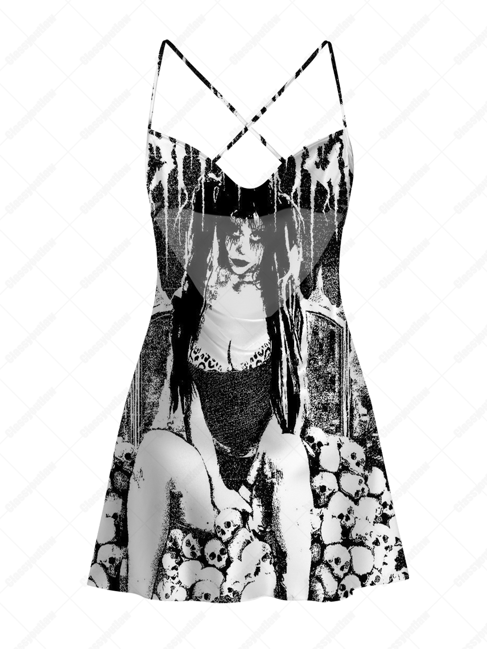 GOTHIC SKULL THRONE PINUP SATIN CROSS BACK MINI DRESS
